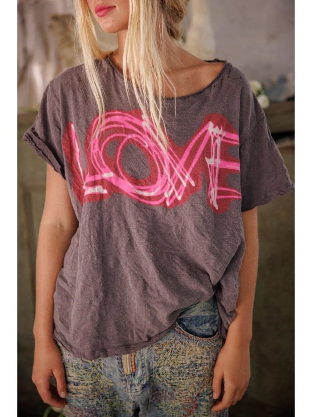 Magnolia Pearl Love In Neon Tee Cotton Jersey Boyfriend Fit Hand-Distressed OS